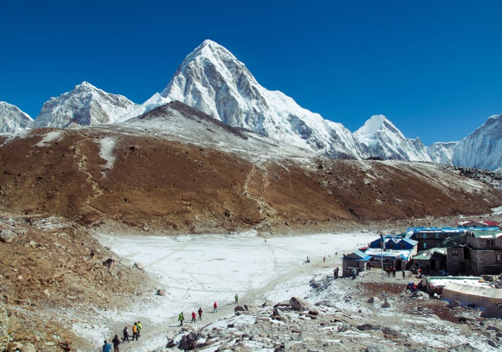 View of Mount Pumori and Kala Patthar from Gorak Shep Everest Base Camp trek Nepal